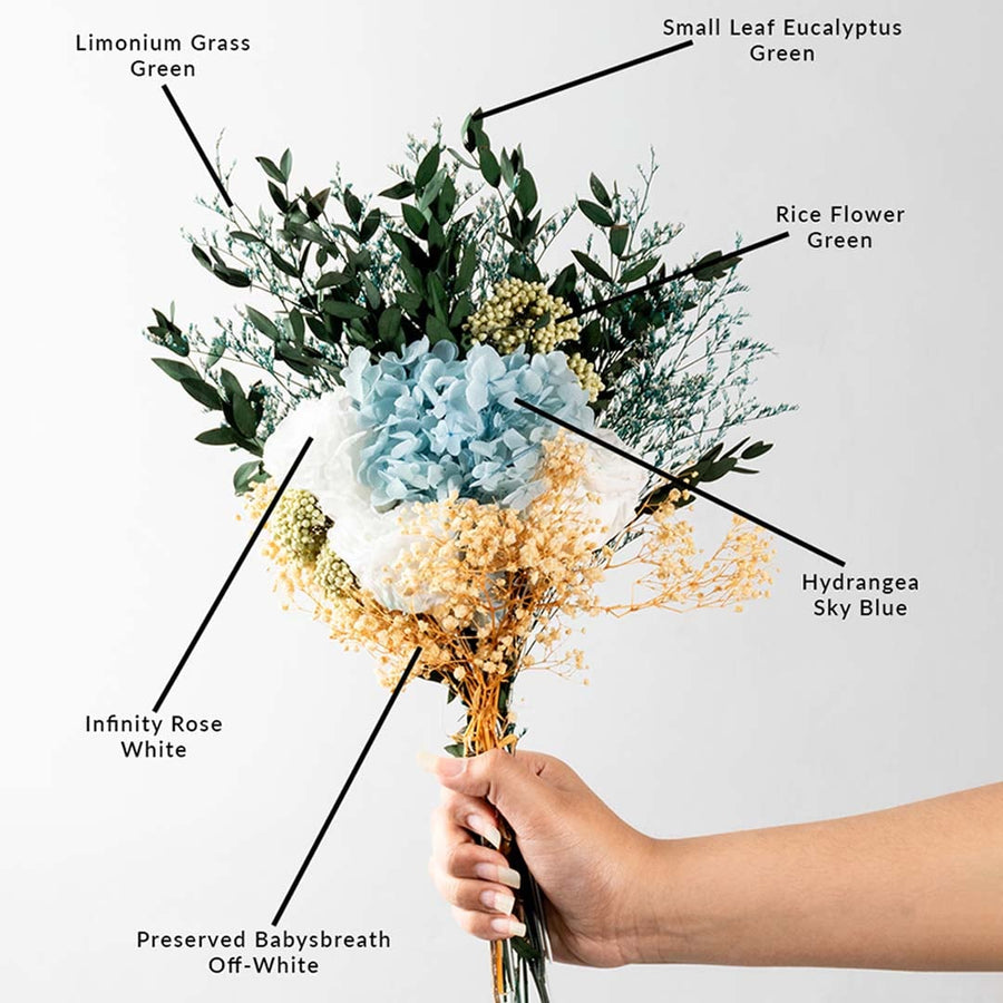 Decorative dried flower bouquet with hydrangea infinity rose babysbreath rice flower limonium grass and eucalyptus mix.
