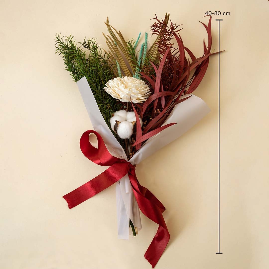 Decorative dried flower bouquet with cotton stem shola flower palm leaf eucalyptus 40 to 80 cm tall wrapped with red ribbon.