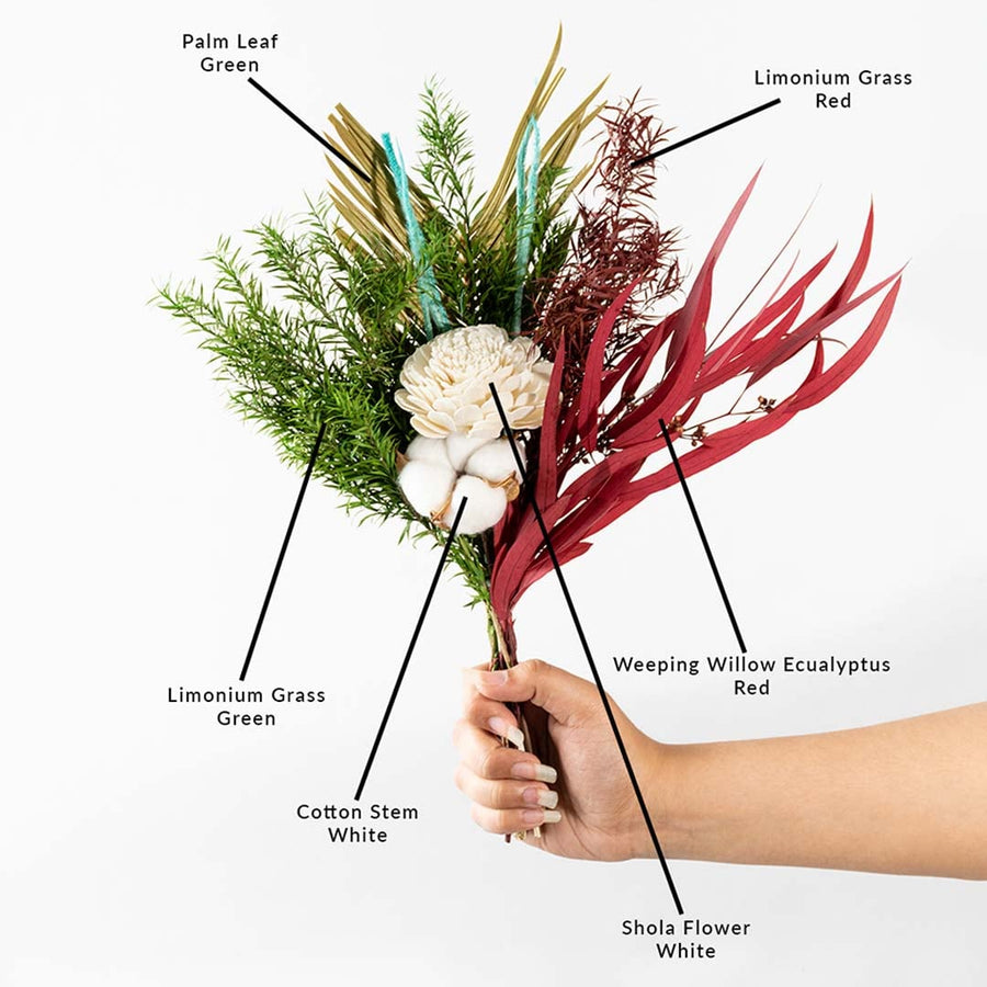 Product information image featuring a mixed dried flower bouquet with red white and green elements labeled to show stem types and preserved materials.