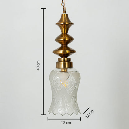 Clear etched glass and brass pendant light dimension image with 12 cm width and 40 cm height for luxury bedside placement.