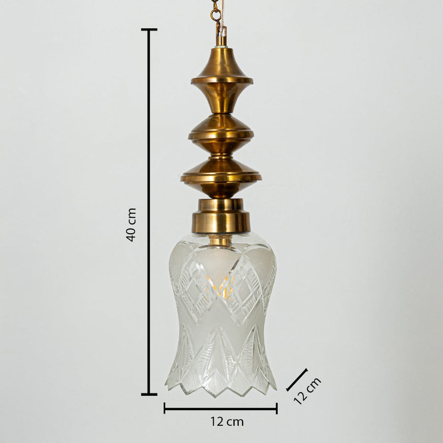 Clear etched glass and brass pendant light dimension image with 12 cm width and 40 cm height for luxury bedside placement.
