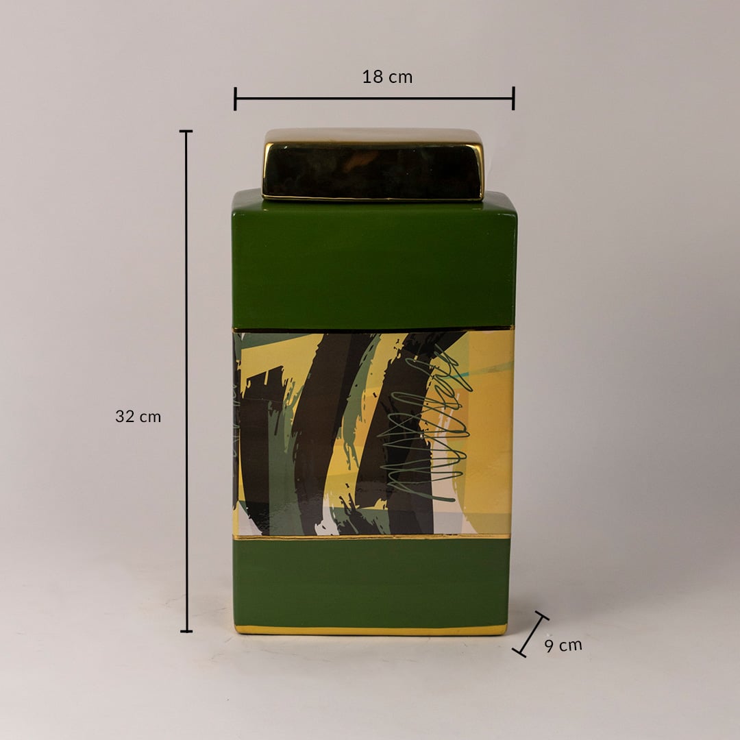 Green abstract jar measuring 32 cm in height and 18 cm in width featuring bold brushstroke designs.