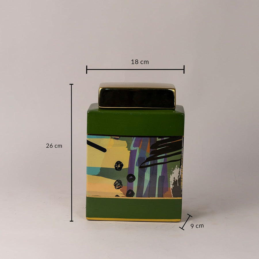 Decorative ceramic jar with multicolor glaze showing approx height 26 CM and width 09 CMdimensions for accurate tabletop Decor placement.