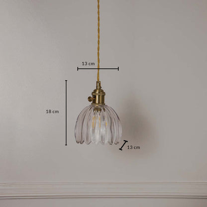 Dimension image of clear ribbed glass petal pendant light with brass accents showing 33 cm height and 14 cm width.