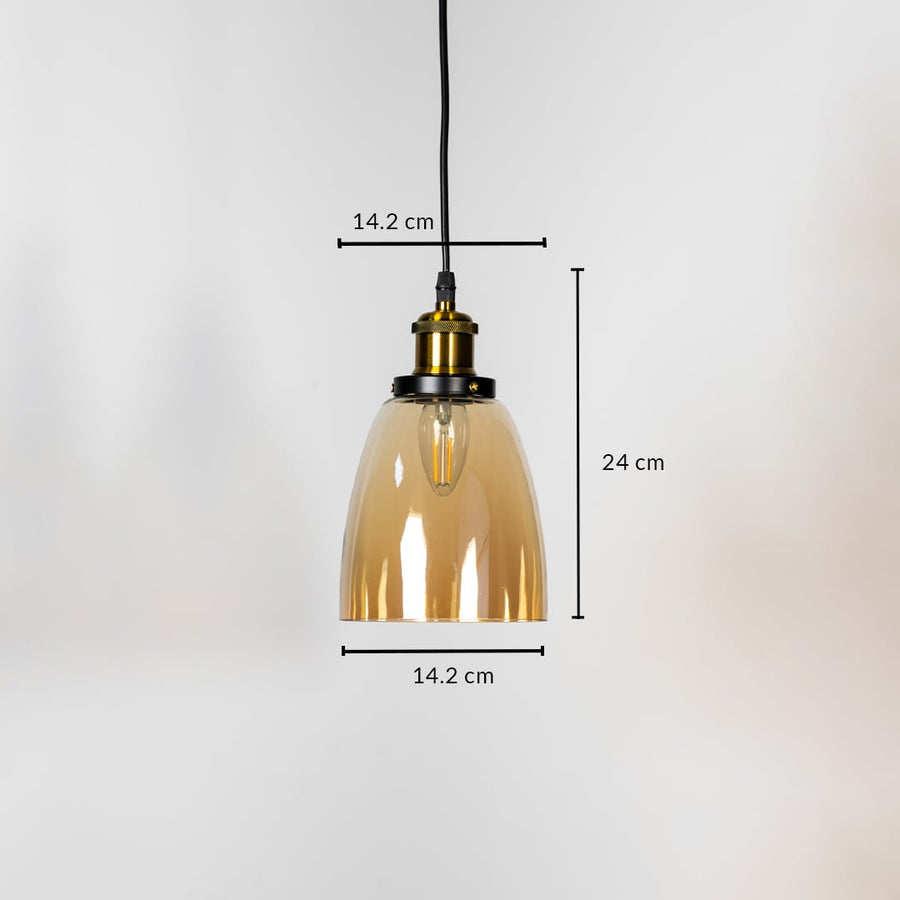 Gold glass pendant light with brass holder shown with 24cm height and 14.2cm width for modern interiors.