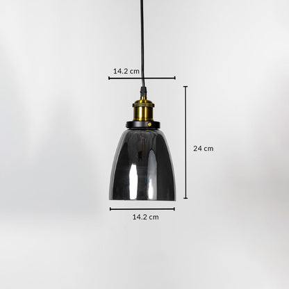 Smoked glass pendant light with brass holder shown with 24cm height and 14.2cm width for modern interiors.