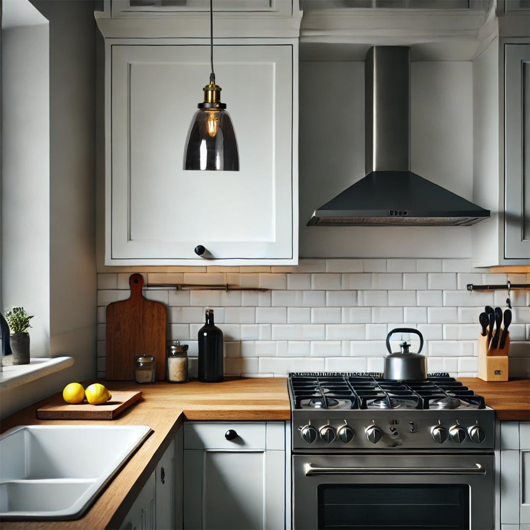 Smoked glass pendant light with brass and black holder glowing warmly above modern grey and wood kitchen decor.