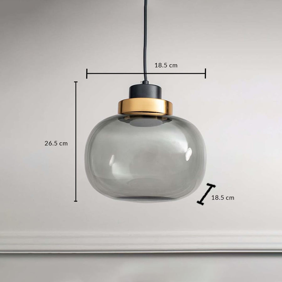 Smoked glass pendant light with golden accent measured 26.5x18.5 cm elegant modern ceiling lamp for dining and living spaces.