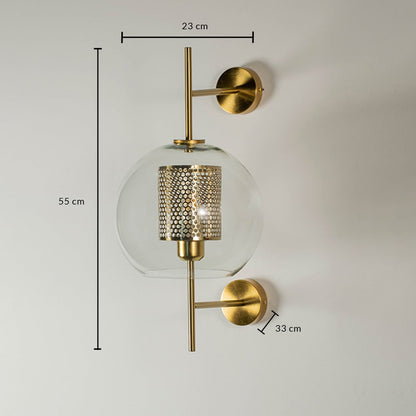 Dimensions of the pendant light 55 cm height 23 cm width and 33 cm depth featuring a glass shade and gold accents.
