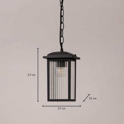 Black metal hanging lantern with ribbed glass measuring 27 cm height and 15 cm width perfect for porch and outdoor lighting.