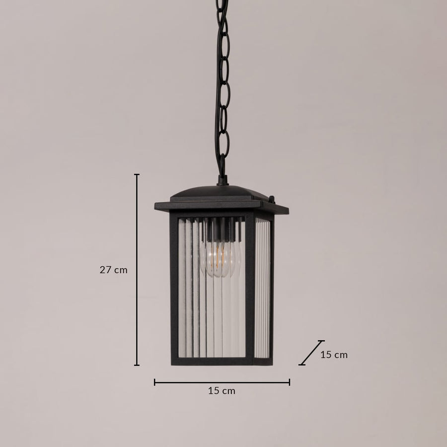 Black metal hanging lantern with ribbed glass measuring 27 cm height and 15 cm width perfect for porch and outdoor lighting.