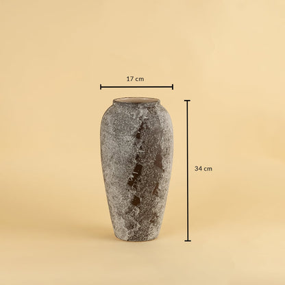 Rustic ceramic vase in grey brown finish measuring 34 cm height and 17 cm diameter for stylish home decoration.