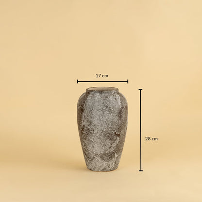 Rustic ceramic vase in grey brown finish measuring 28 cm height and 17 cm diameter perfect for home interiors.