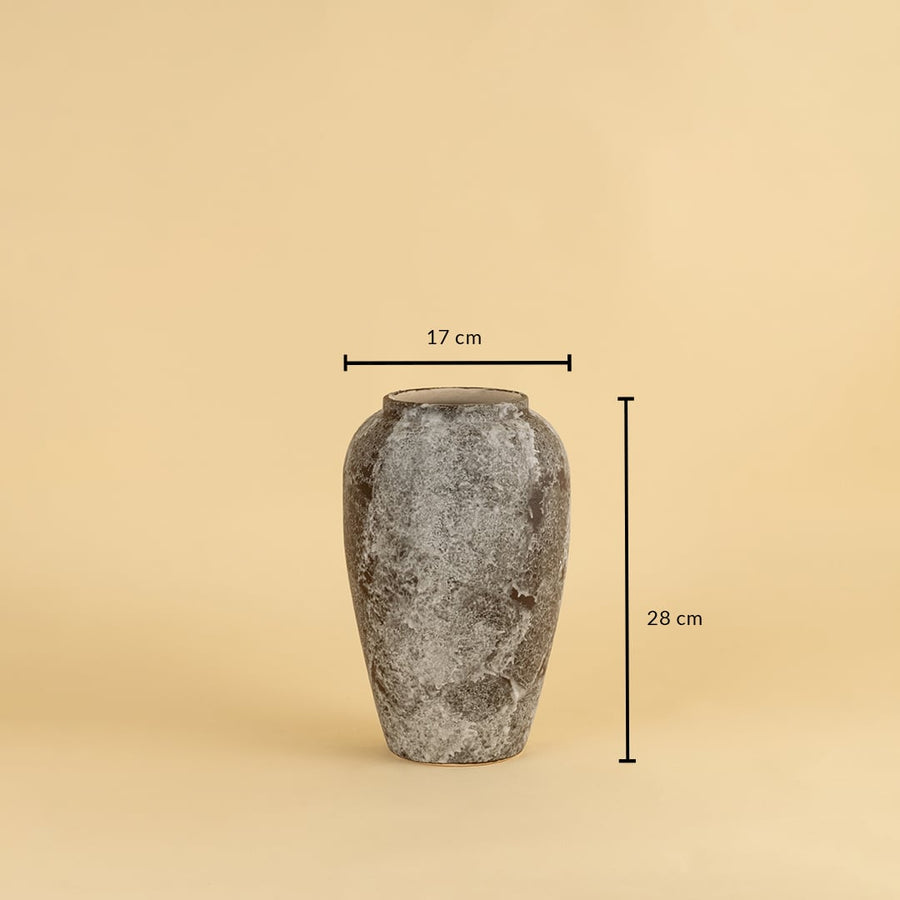 Rustic ceramic vase in grey brown finish measuring 28 cm height and 17 cm diameter perfect for home interiors.