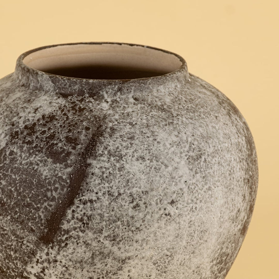 Detailed view of handcrafted ceramic vase with rustic grey brown texture and artistic round body design.