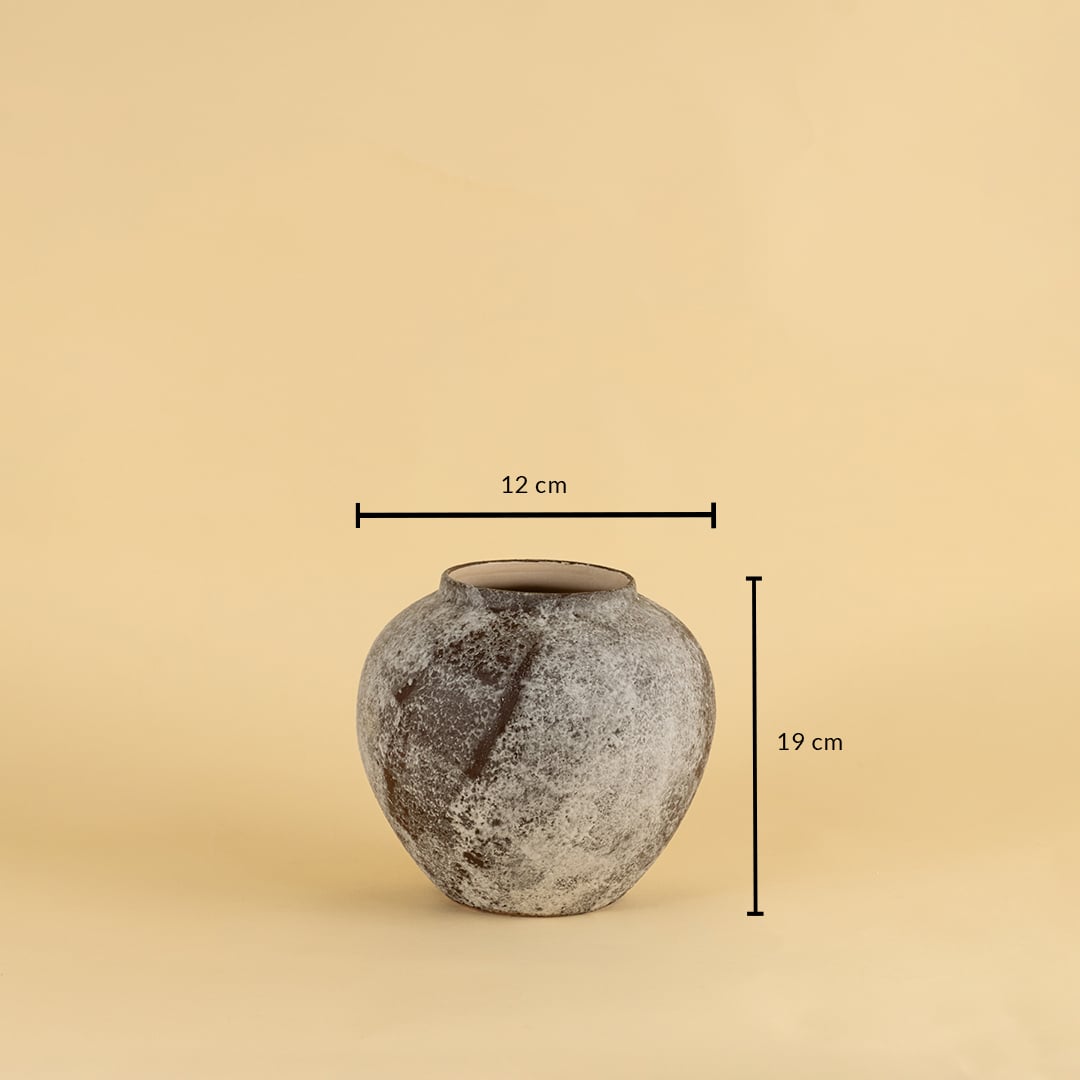 Rustic ceramic vase in grey brown finish measuring 19 cm height and 12 cm diameter for home interior styling.