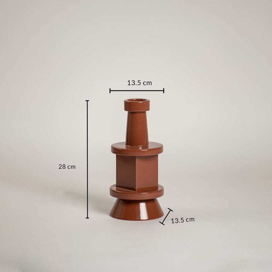 Brown geometric vase displayed with dimensions 28 cm height and 13.5 cm width clearly showing its structured modern shape and proportion for accurate styling reference.