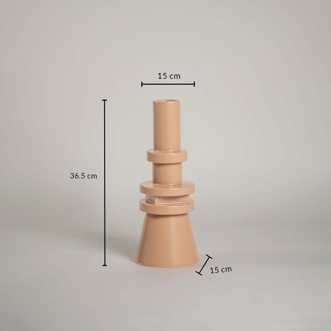 Beige geometric vase shown with dimensions 36.5 cm height and 15 cm width highlighting its tall structured silhouette for accurate size and styling reference.