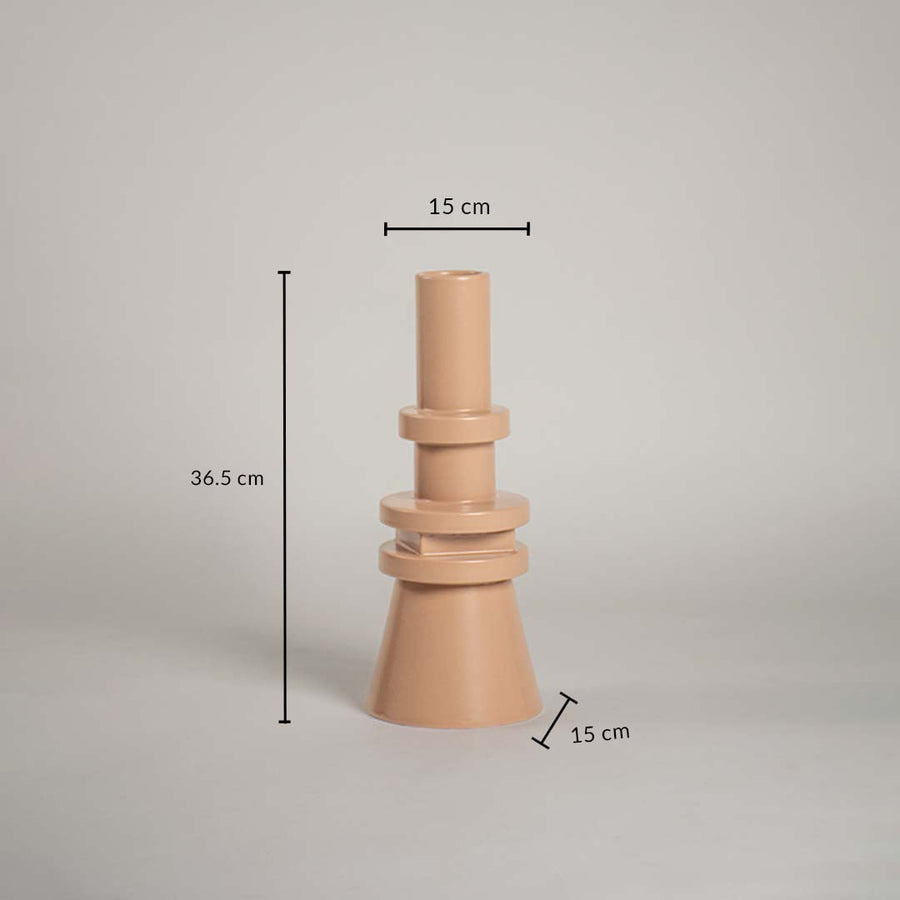 Beige geometric vase shown with dimensions 36.5 cm height and 15 cm width highlighting its tall structured silhouette for accurate size and styling reference.