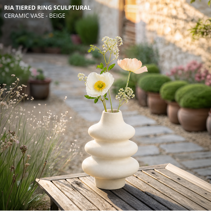 Ria Tiered Ring Sculptural Ceramic Vase - Beige