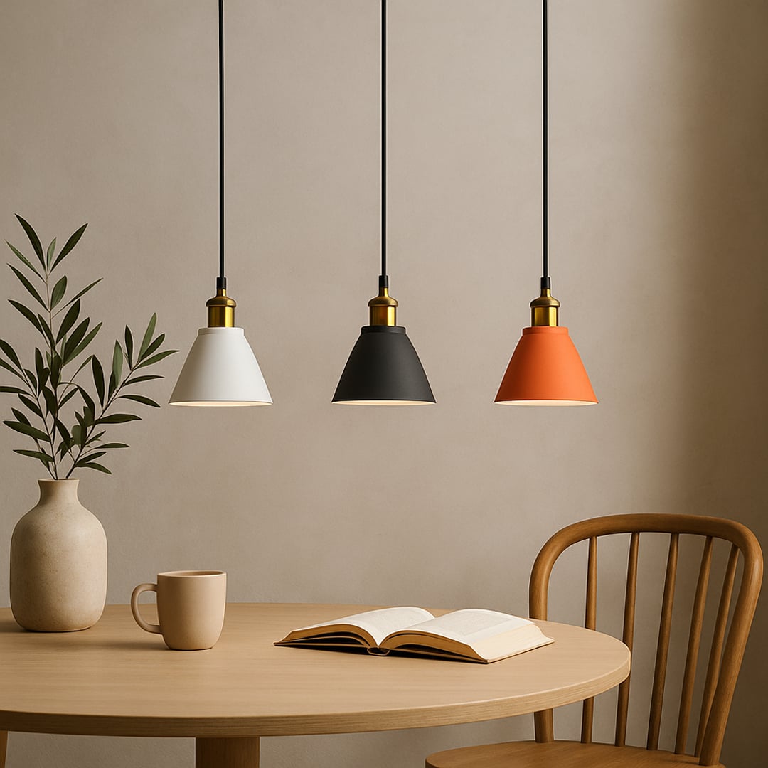 Black cone pendant light with brass accent hanging elegantly in a minimalist living room with warm neutral tones and wall art.