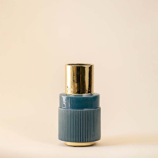 Ribbed Blue-Golden Ceramic Vase - Open Box