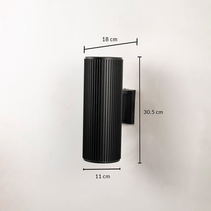 Black cylindrical wall light dimension image showing 30.5 cm height and 11 cm width with sleek modern structure.