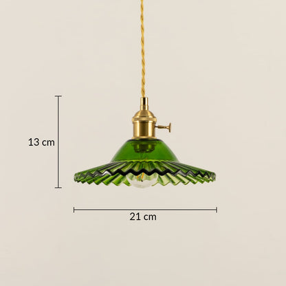 Dimension image of green scalloped glass pendant light with brass accents showing 13 cm height and 21 cm width.