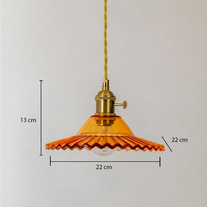 Amber ruffle glass pendant light showing dimensions with 22 cm width and 13 cm height on a white background.
