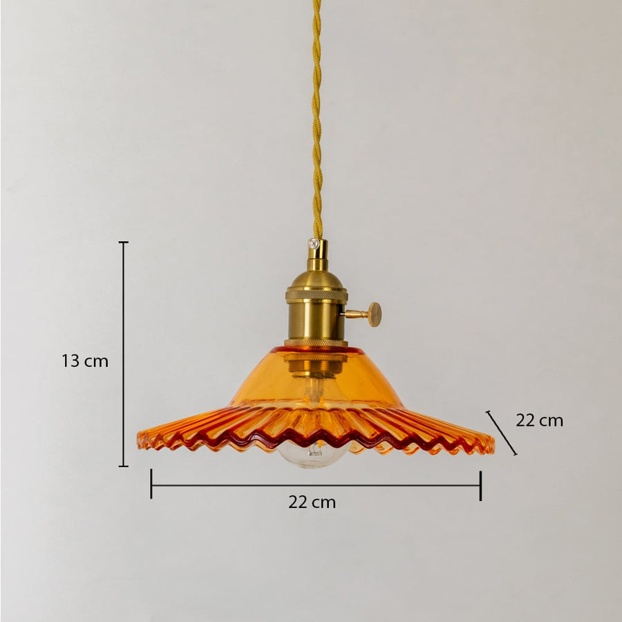 Amber ruffle glass pendant light showing dimensions with 22 cm width and 13 cm height on a white background.