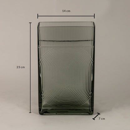 Smoky gray rectangular glass vase measuring 23 cm in height  14 cm in width  and 7 cm in depth displayed with dimensions.