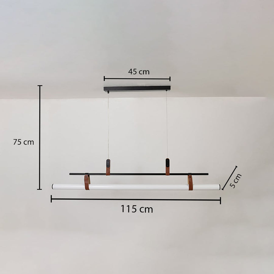 Black metal linear LED pendant light measuring 75 cm height and 115 cm width for modern dining room lighting.