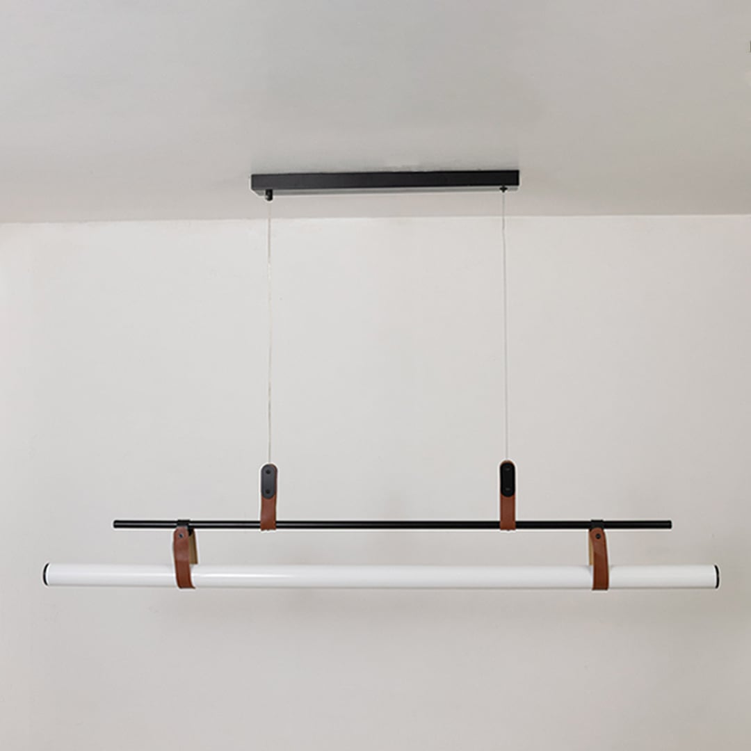 Black metal linear LED pendant light with minimalist profile designed for contemporary dining room ceiling lighting.