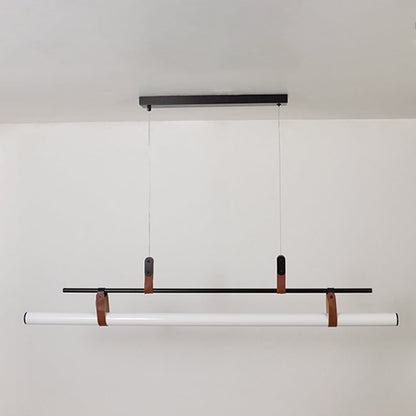 Black metal linear LED pendant light with minimalist profile designed for contemporary dining room ceiling lighting.