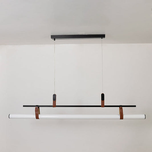 Black metal linear LED pendant light with minimalist profile designed for contemporary dining room ceiling lighting.