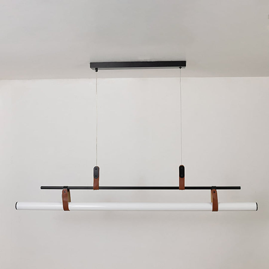 Black metal linear LED pendant light with minimalist profile designed for contemporary dining room ceiling lighting.
