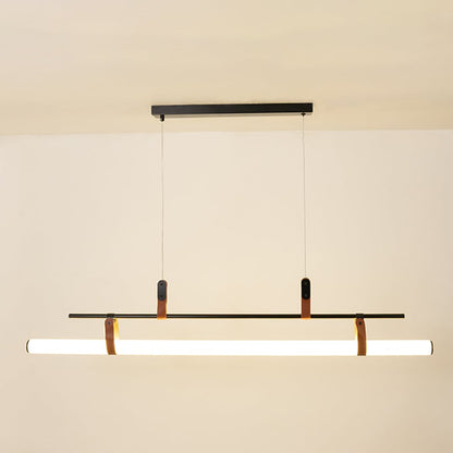 Black metal linear LED pendant light with integrated illumination creating sleek modern ambient ceiling lighting indoors.