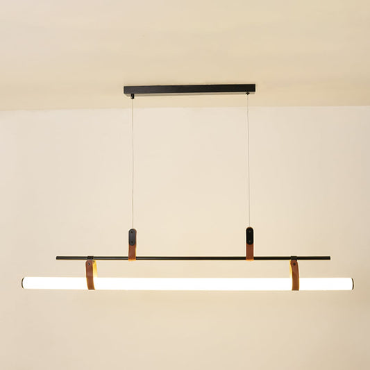 Black metal linear LED pendant light with integrated illumination creating sleek modern ambient ceiling lighting indoors.