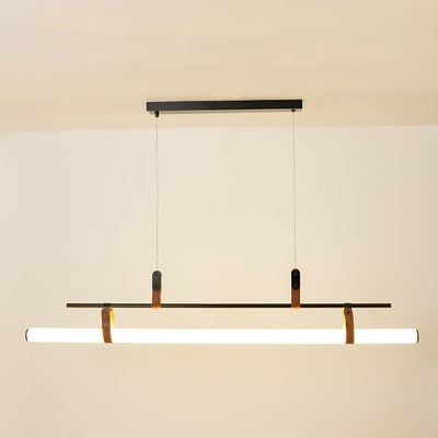 Black metal linear LED pendant light with integrated illumination creating sleek modern ambient ceiling lighting indoors.