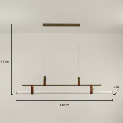 Gold linear pendant light with 120 cm width 85 cm hanging height and 5 cm depth shown clearly for accurate placement.