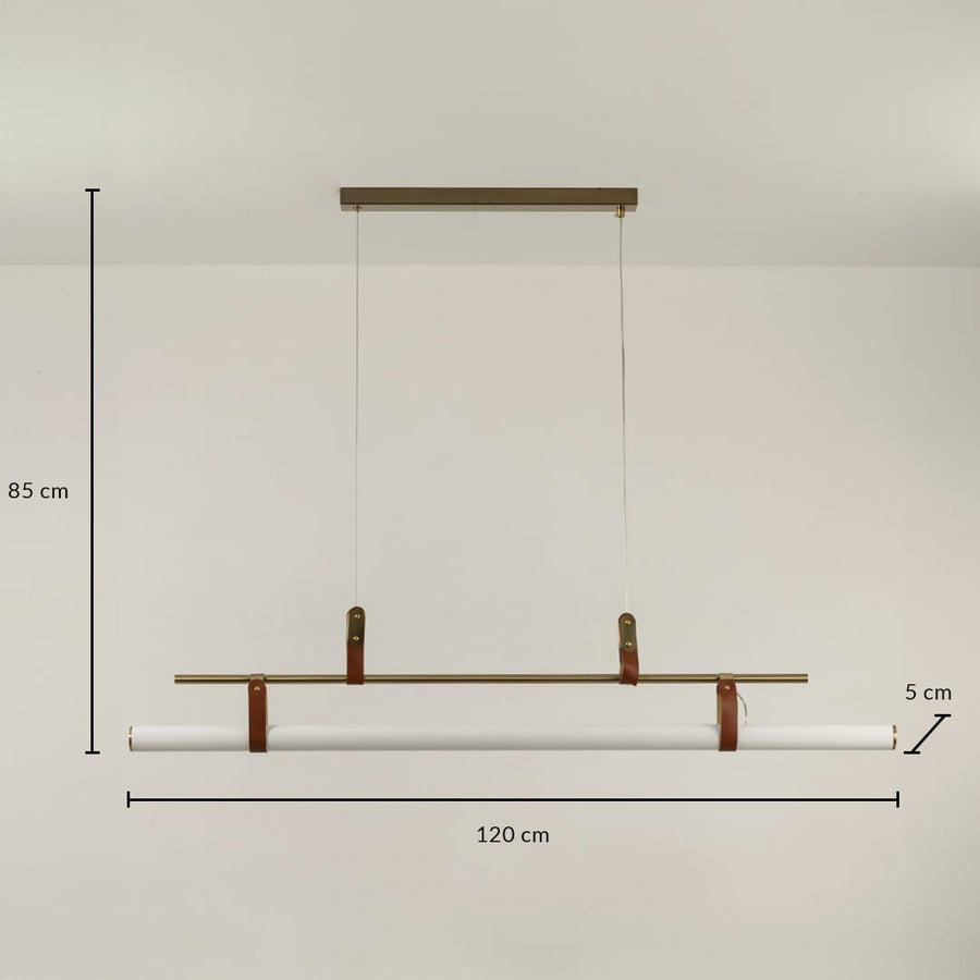 Gold linear pendant light with 120 cm width 85 cm hanging height and 5 cm depth shown clearly for accurate placement.