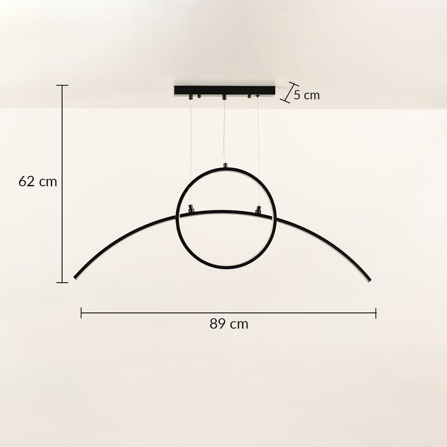 A modern black ring ceiling light with curved bar shown with 42 cm height and 120 cm width ideal for LED chandelier lighting and minimal contemporary décor.