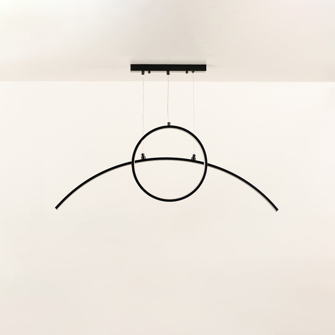 A sleek black ring ceiling light with curved bar design ideal for modern LED lighting and minimal contemporary interior décor in stylish home environments.
