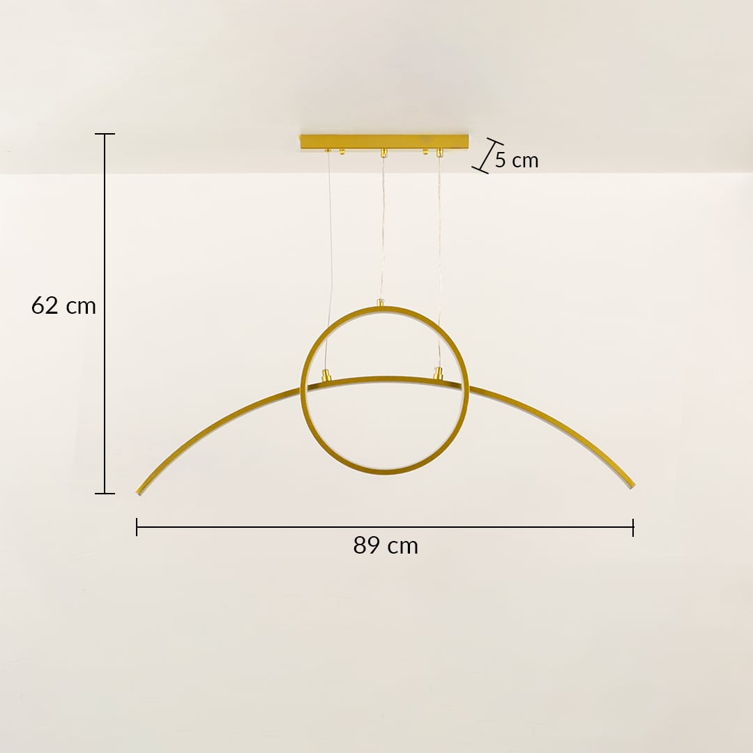 A modern gold ring ceiling light with curved bar shown with 40 cm height and 120 cm width ideal for minimal LED chandelier lighting and refined interior décor.