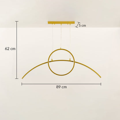 A modern gold ring ceiling light with curved bar shown with 40 cm height and 120 cm width ideal for minimal LED chandelier lighting and refined interior décor.