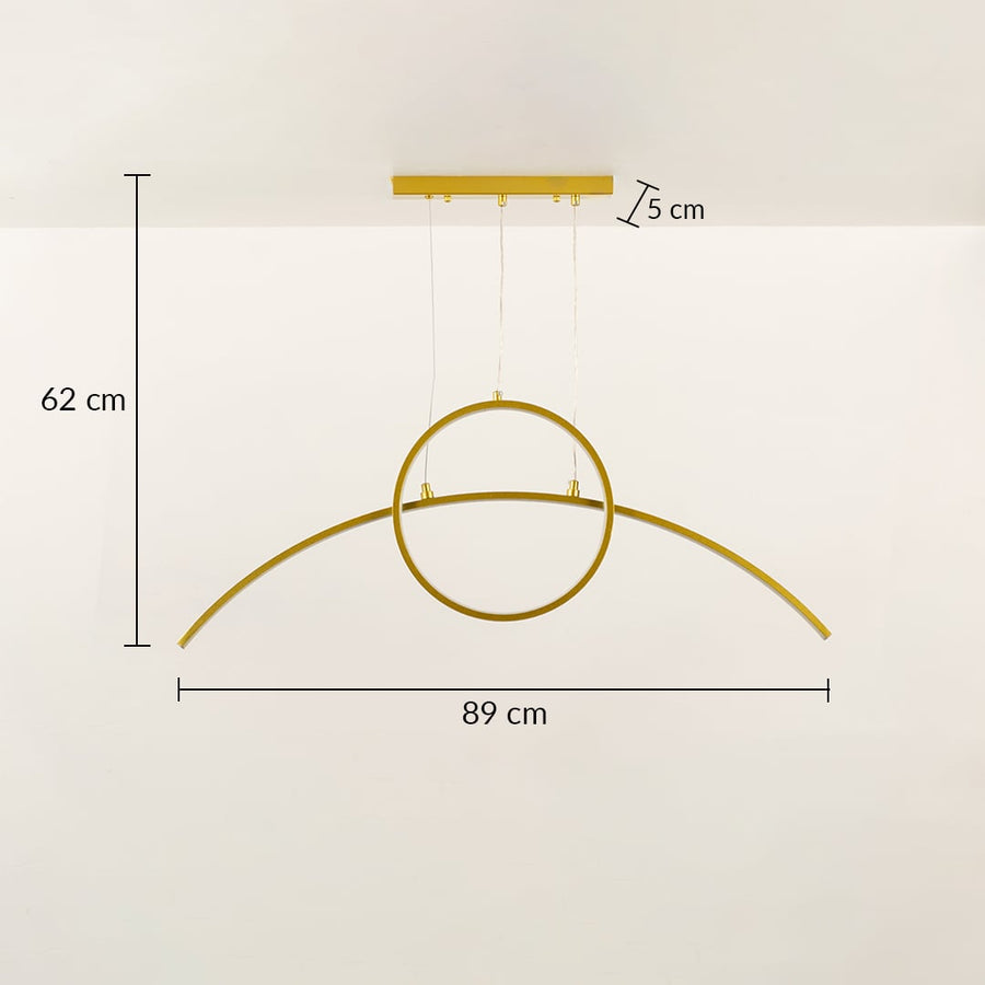 A modern gold ring ceiling light with curved bar shown with 40 cm height and 120 cm width ideal for minimal LED chandelier lighting and refined interior décor.