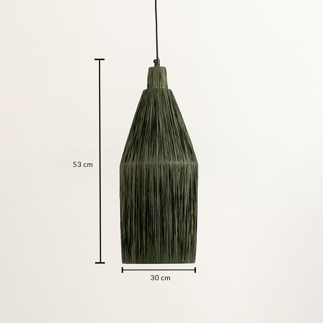 Olive green thread pendant light dimension image with 16 cm width and 53 cm height for bedside placement.