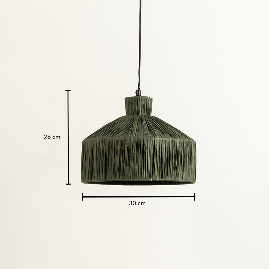 Olive green thread pendant light dimension image with 30 cm width and 26 cm height for modern dining placement.