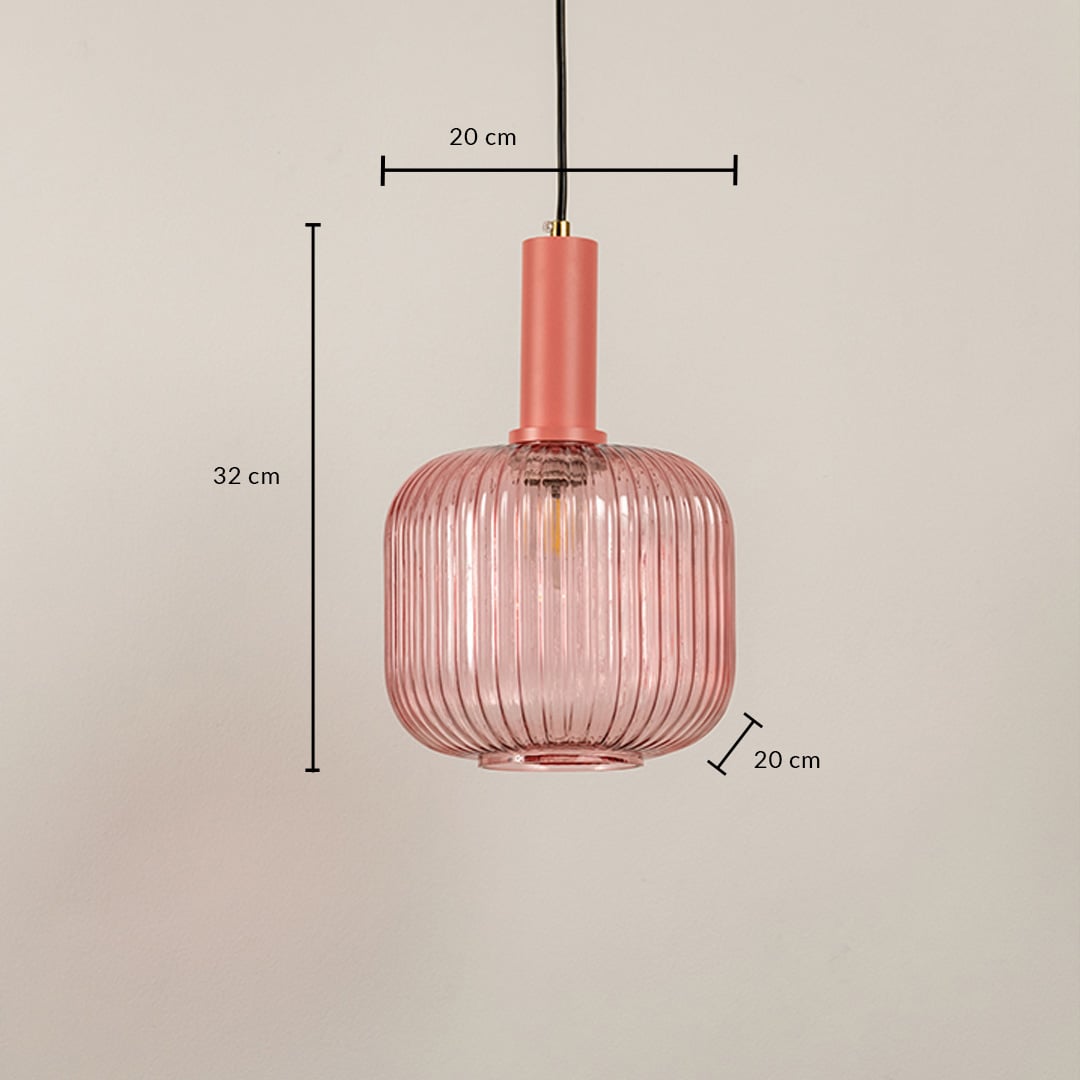 Pink ribbed glass pendant light with 32 cm height and 20 cm width dimensions.