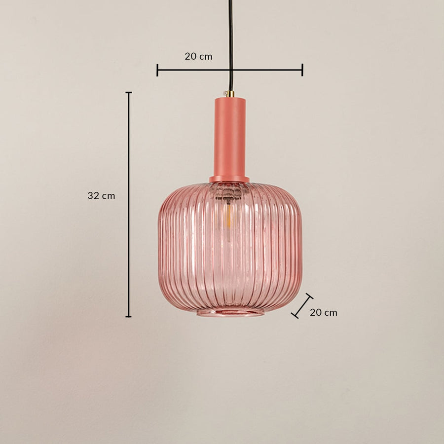 Pink ribbed glass pendant light with 32 cm height and 20 cm width dimensions.